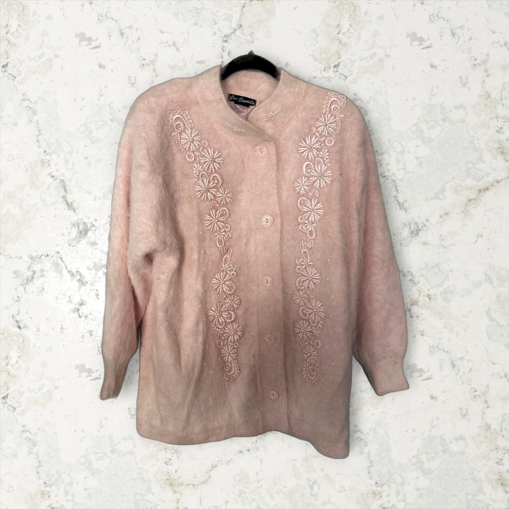 Vintage Lee Sands Embroidered Pearl Rabbit Hair Cardigan